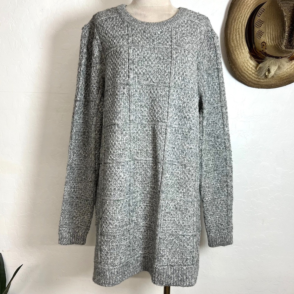 Lands End Womens L 14 16 Gray Marled Grid Cable Knit Tunic Sweater Pullover